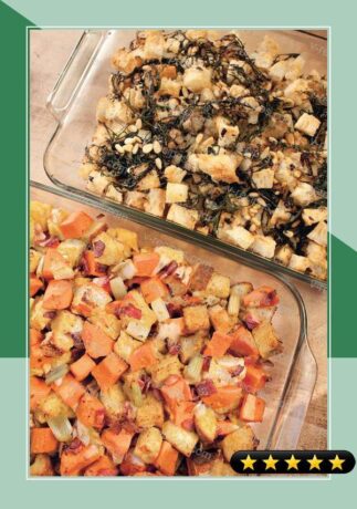 Rustic Bread Stuffing with Red Mustard Greens, Currants, and Pine Nuts recipe