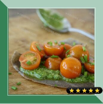 Buckwheat Crepes with Cashew-Chive Pesto and Marinated Yellow Tomatoes recipe