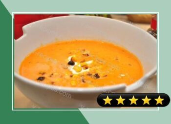 Roasted Red Pepper Soup with Cilantro Lime Sour Cream and Roasted Corn recipe