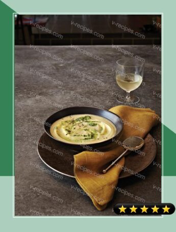 Creamy Pear and Celery Root Soup with Pesto Swirl recipe