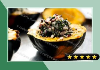 Baked Acorn Squash Stuffed With Wild Rice and Kale Risotto recipe