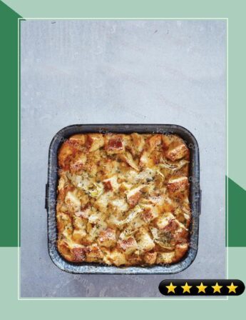 Savory Bread Pudding with Artichokes and Two Cheeses recipe