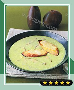 Creamy Asparagus Soup with Mushrooms and Gruyere Croutes recipe