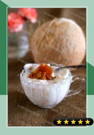 Tender Coconut Lychee Pudding With Crushed Pralines recipe